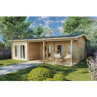 Blockhaus mit drei Schlafzimmern “Hansa Holiday D” 9x8m | Blockhaus als Ferienhaus kaufen | Großes Ferienhaus aus Holz mit Schlafboden online kaufen
