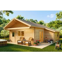 Blockhaus mit Schlafboden “Dallas” 7x7m | 42m² Blockhaus mit zwei Schlafzimmern und Schlafboden | Ferienhaus | Blockhaus aus Holz mit Schlafboden, mit Sonnendach, mit Terrasse online kaufen