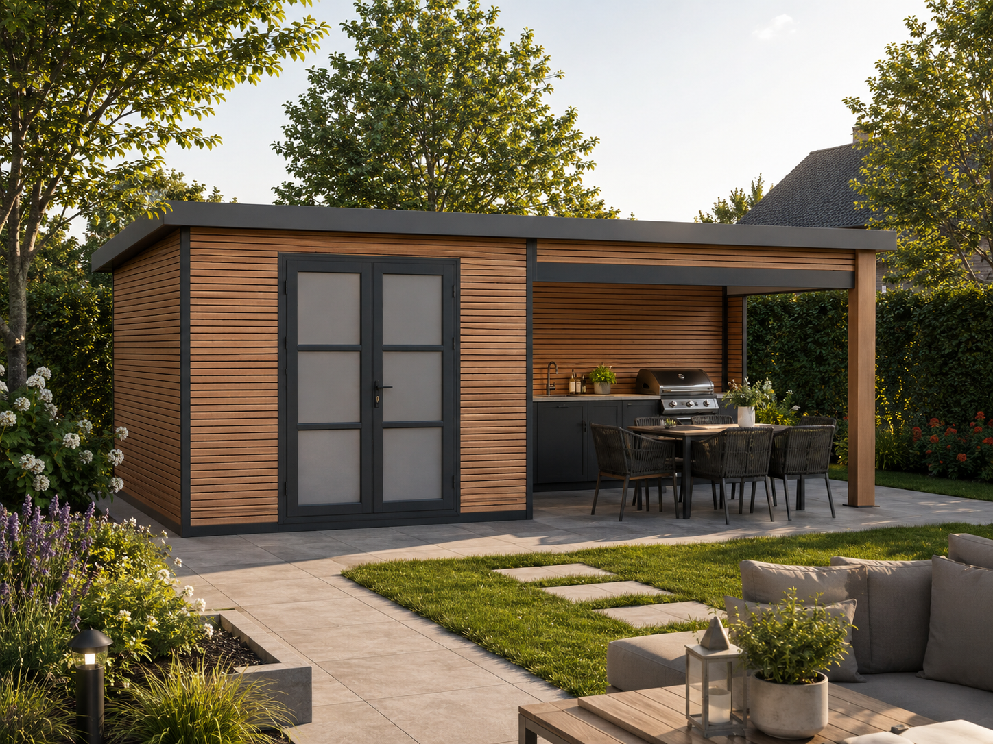 26 % reduziert! WPC Holzferienhaus mit Lounge Modell FineLine 16,90 m² 6x3m online kaufen