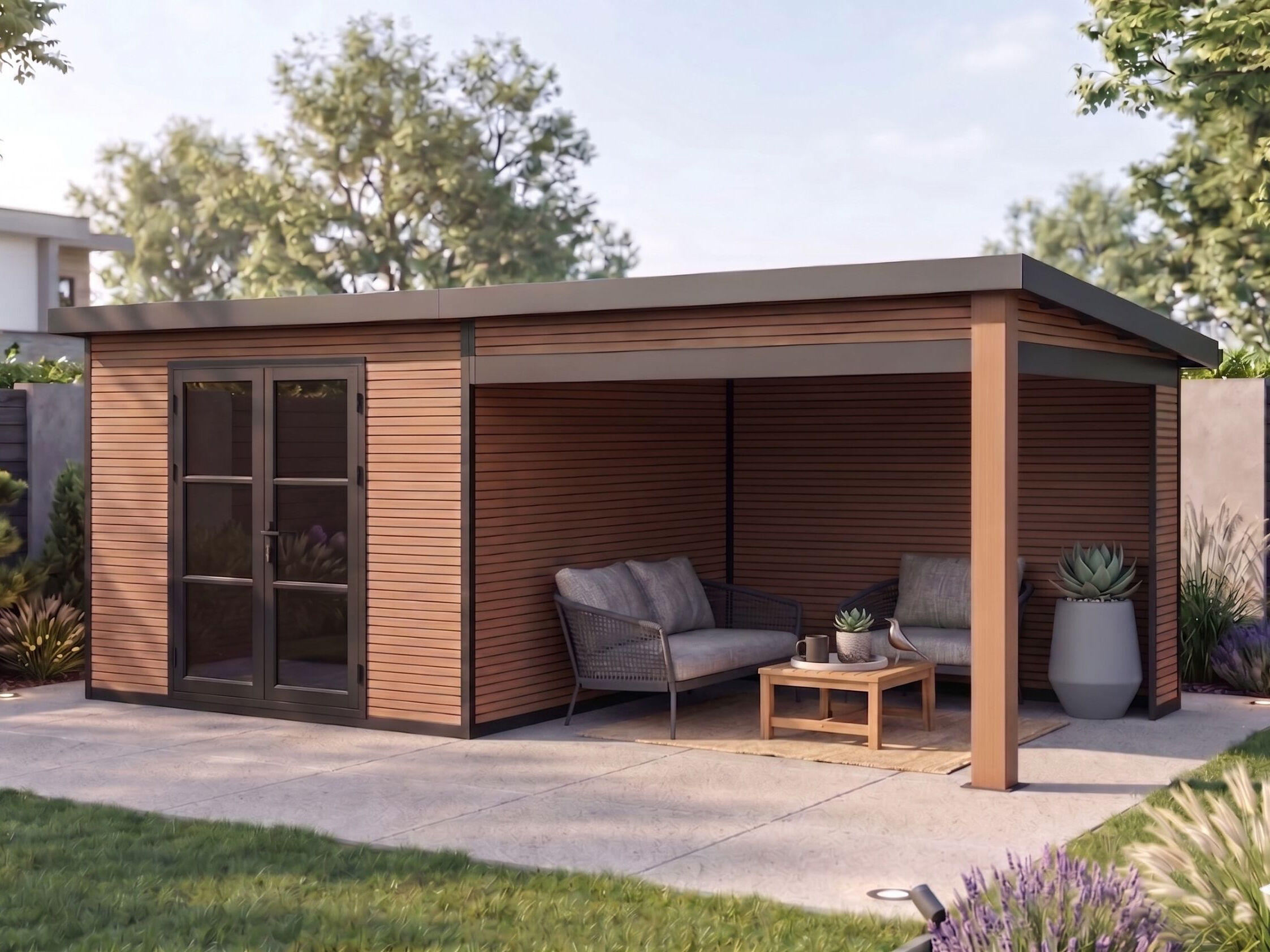26 % reduziert! WPC Holzferienhaus mit Lounge Modell FineLine 16,90 m² 6x3m online kaufen