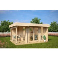 Ferienhaus “Mini Hansa Lounge” 4x4m | Kleines zeitgenössisches Gartenbüro Mini Hansa Lounge | Fertiges Blockhaus-Gartenbüro mit Sonnendach, mit Terrasse