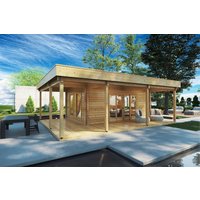 Ferienhaus mit großer Terrasse „Remo 1” 8x6m | Großes Ferienhaus mit Terrasse und Flachdach | Ferienhaus mit Anbau | 6x8m großes Blockhaus mit Sonnendach, mit Terrasse