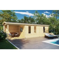 Kleines Blockhaus “Hansa Holiday Camping” 9x4m | Holzhaus | 4x9m großes Ferienhaus aus Holz | Home-Office im Ferienhaus mit Schlafboden, mit Sonnendach, mit Terrasse