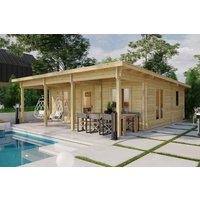 Blockhaus mit zwei Schlafzimmern “Holiday R” 8x8m | Blockhaus mit Schlafzimmern | Blockbohlenhaus aus Holz | Holzhaus im Garten mit Schlafboden, mit Sonnendach