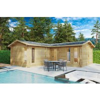 Eck-Blockhaus mit zwei Schlafzimmern “Devon 2” 8x8m | Großes Ferienhaus 4x6m | Blockhaus | Blockbohlenhaus | Sommerhaus kaufen mit Schlafboden