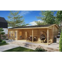 Blockhaus mit Terrasse “Hansa Holiday C” 11x6m | Blockhaus als Ferienhaus kaufen | Großes Ferienhaus aus Holz mit Schlafboden, mit Sonnendach, mit Terrasse