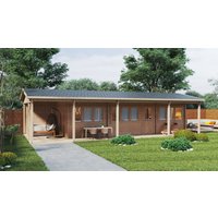 Blockhaus mit 2 Schlafzimmern und Terrasse “Edward” 13x6m | Großes Ferienhaus 13x6m | Blockhaus | Blockbohlenhaus mit Schlafboden, mit Sonnendach, mit Terrasse