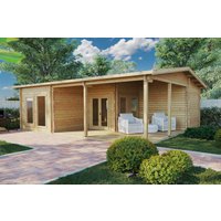 Blockbohlenhaus “Hansa Holiday B” 9x7m | Blockhaus als Ferienhaus kaufen | 7x9m großes Blockbohlenhaus als Sommerhaus kaufen mit Schlafboden, mit Sonnendach, mit Terrasse