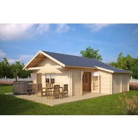 Blockhaus mit Schlafboden “Dakota” 7x7m | Großes Ferienhaus mit Schlafboden | Blockbohlenhaus mit Satteldach | Blockhaus kaufen mit Schlafboden, mit Schuppen, mit Terrasse