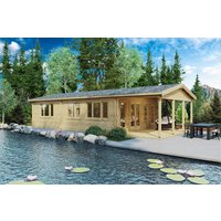 Blockhaus mit Terrasse “Holiday A” 13×6 m | 58 m² Blockhaus mit zwei Schlafzimmern und Veranda | Holzhaus Kaufen mit Schlafboden, mit Sonnendach, mit Terrasse