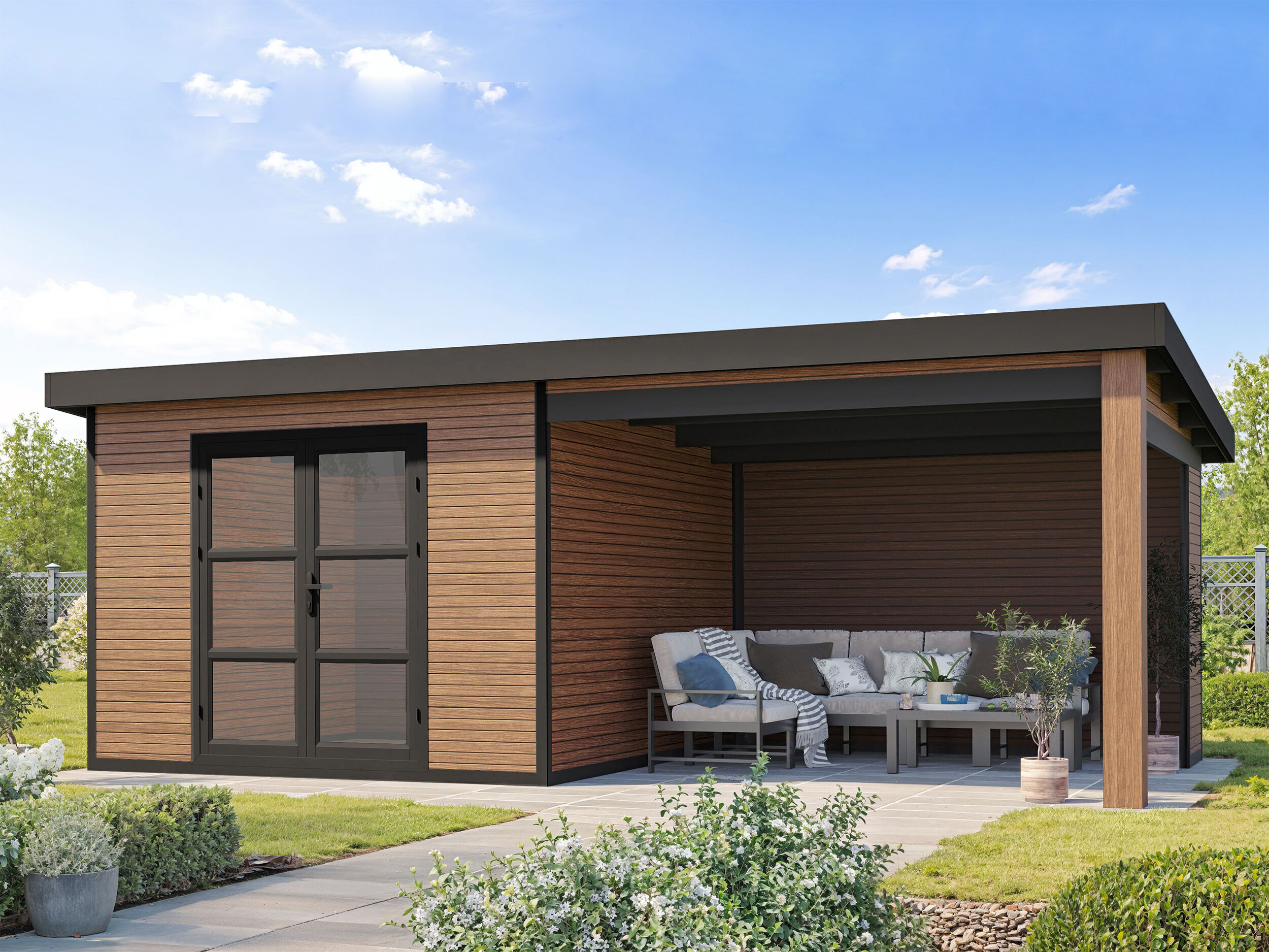 26 % reduziert! WPC Holzferienhaus mit Lounge Modell FineLine 16,90 m² 5x3m
