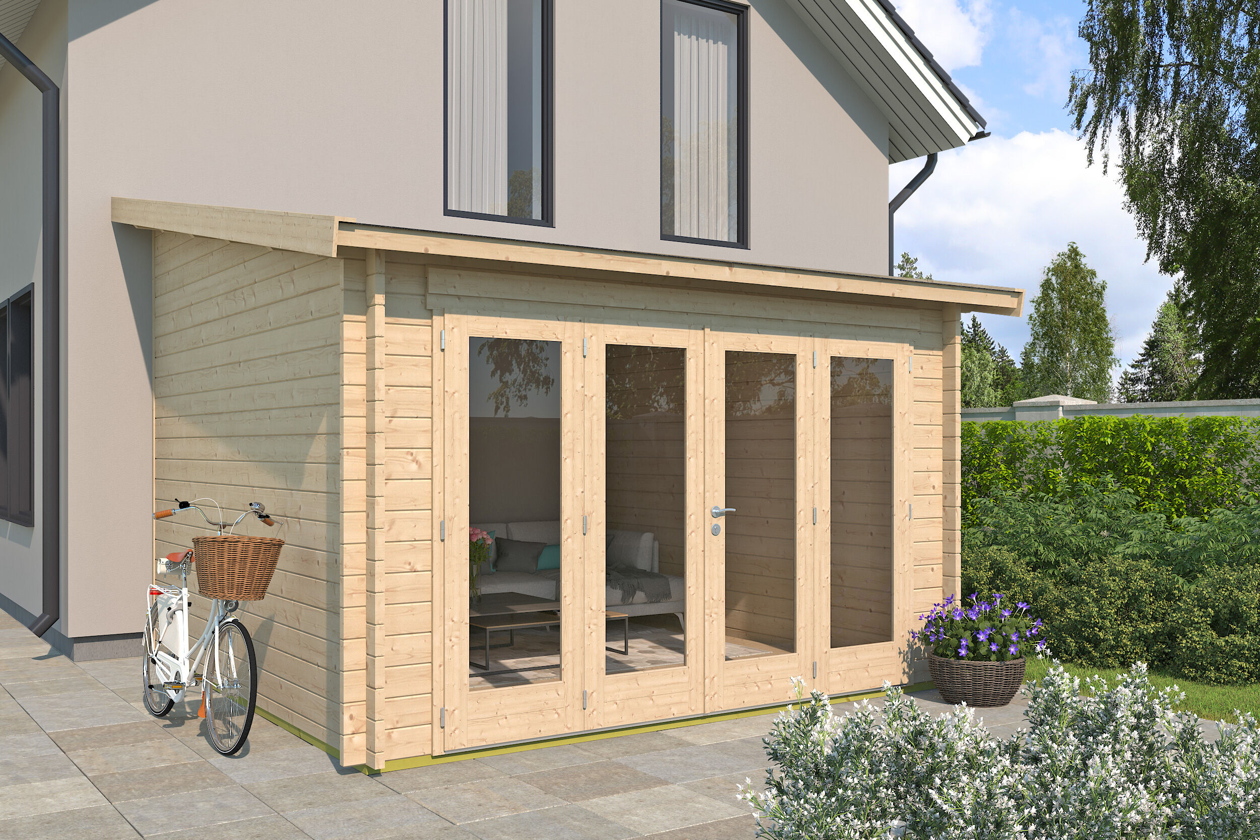 26 % reduziert! Holzferienhaus Modell Anbau Lounge 44 B 4x3m