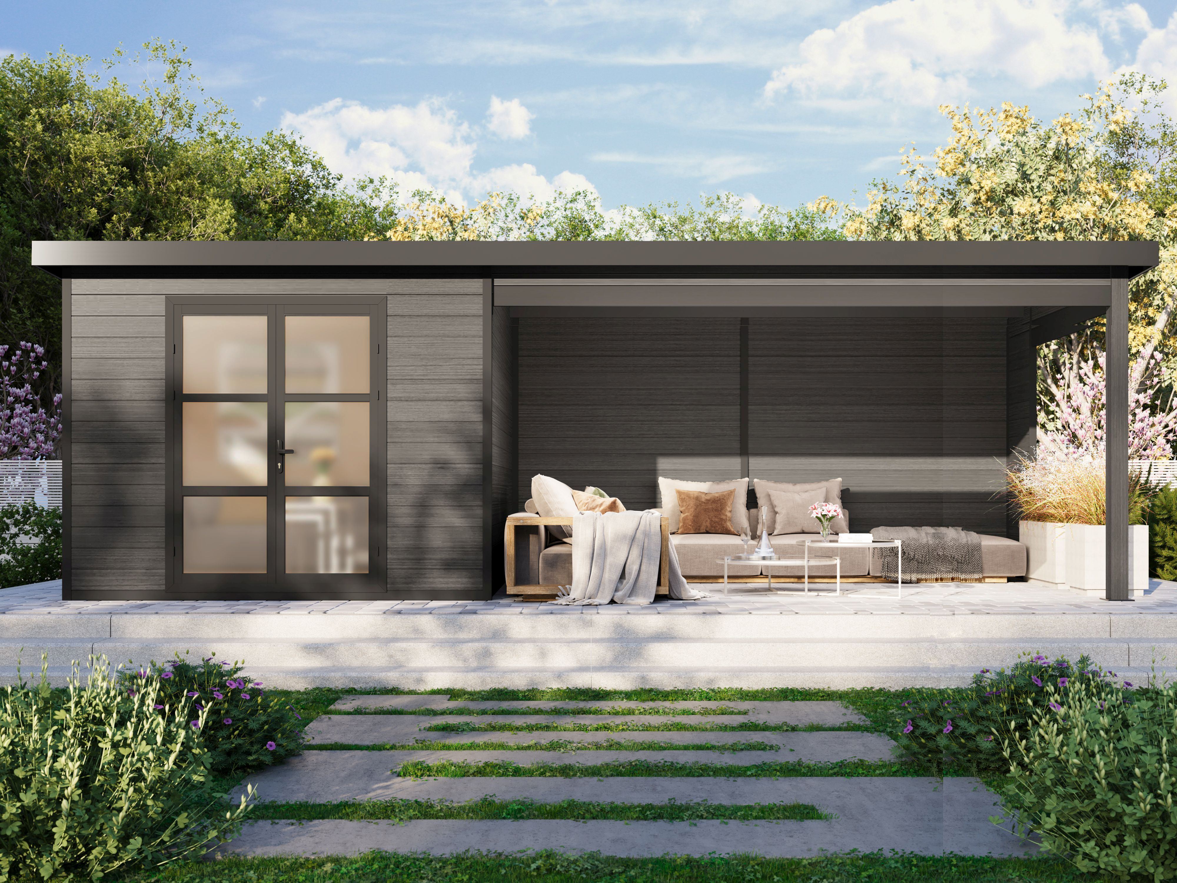 26 % reduziert! WPC Holzferienhaus mit Terrasse Modell Lounge XL 6x3m